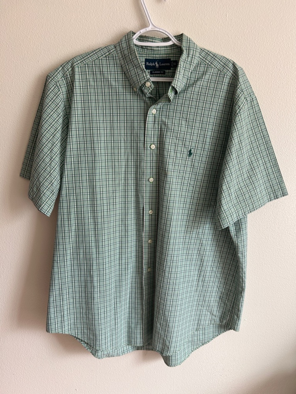 Ralph Lauren Short-Sleeve Cotton Green/White Plaid Button-Down Shirt : XL